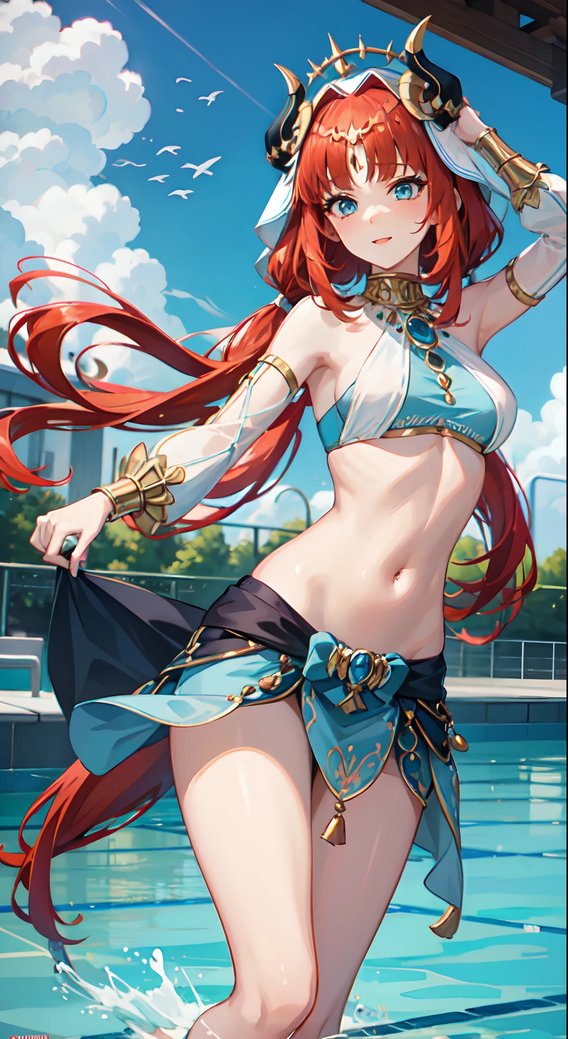 nilou, red hair, long hair, blue eyes, gown, skirt, slim legs, navel, happy, cleavage, bend over, pool