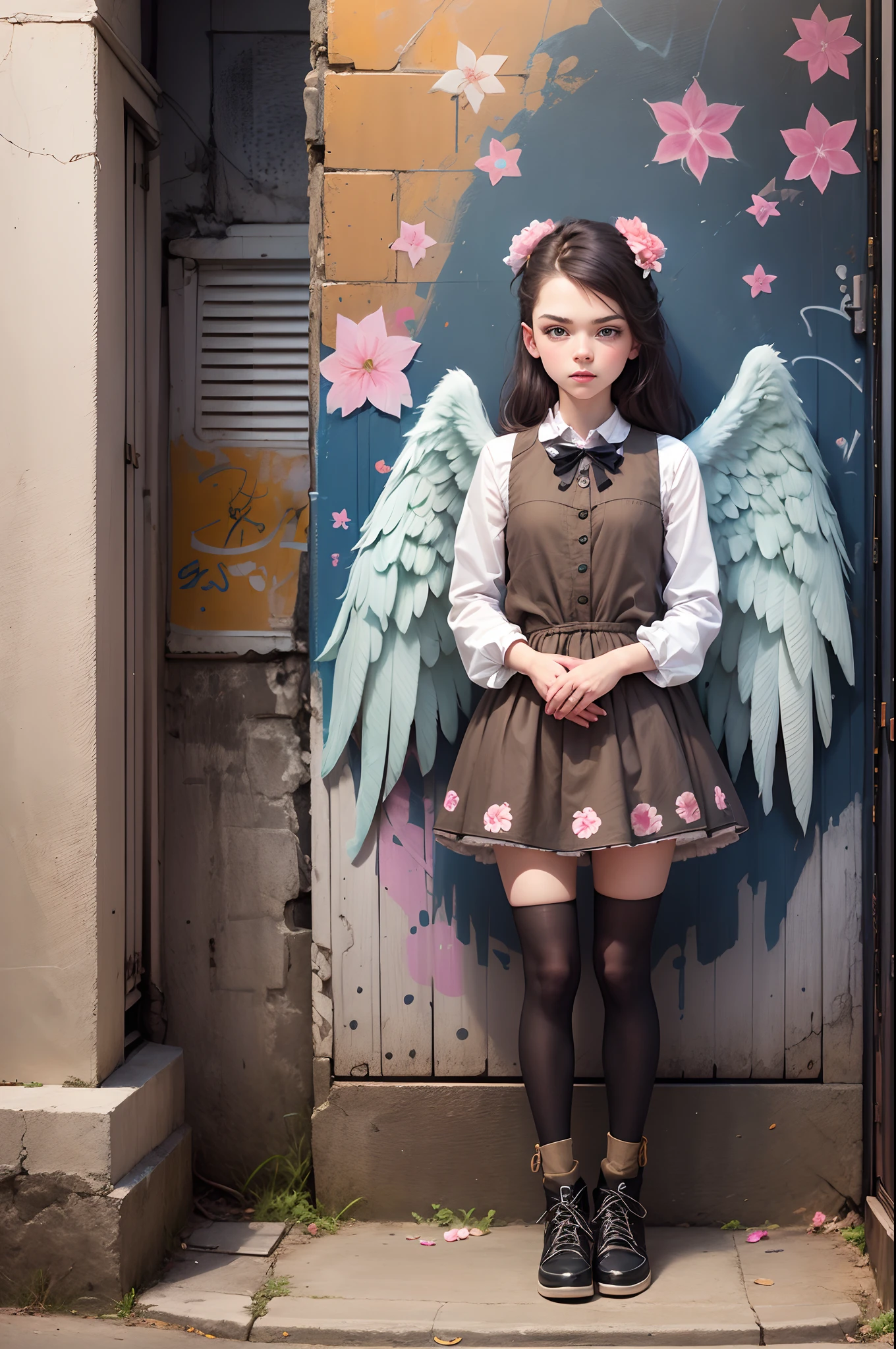 full body, Bottom view. Detailed face. Anya Taylor-Joy. Graffiti. Angel, dressed, in the style of childlike innocence and charm, floral surrealism, street style realism, dark sky - blue and light brown --auto --s2