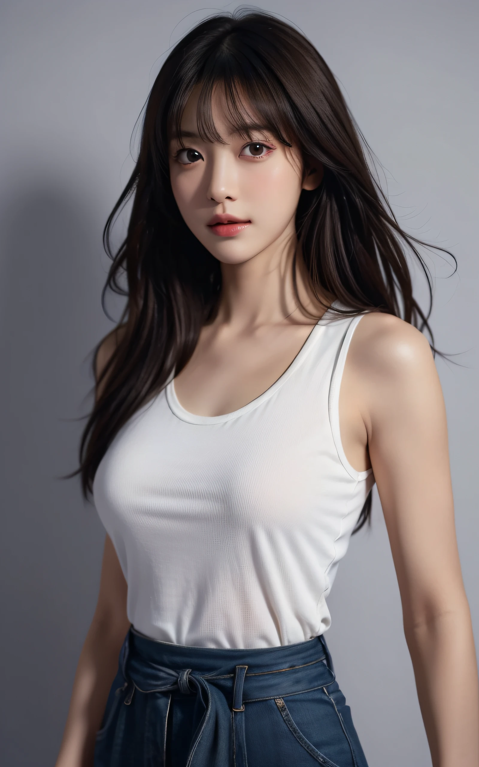 masutepiece, The highest image quality, High quality, Beautiful woman, Japanese, Detailed, Detailed eyes, Detailed skin, Beautiful skin, Ultra High Resolution, (reality: 1.4),Very beautiful, Slightly younger face, Beautiful skin, slender, (A hyper-realistic), (hight resolution), (8K), (Very detailed) (beautifully detailed eyes), (super detailed), Tank top, Skirt, (Wallpaper), (Detailed face), Looking at Viewer, Fine details, Detailed face, Sad, Looking straight ahead, Looking straight ahead, angle from waist up, photos realistic, Bright lighting, Professional Lighting, Mature Woman, Brown hair, Shoulder-length straight hair swaying in the wind, long stylish bangs,