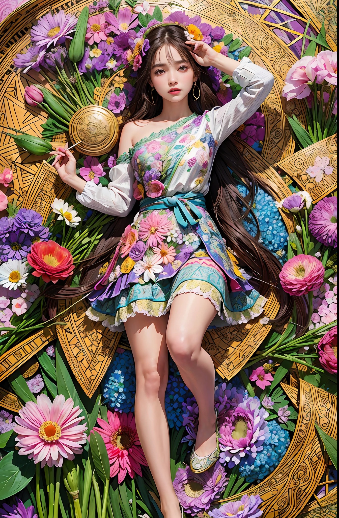 (ultra-detailed background, detailed background), absurdres, highres, ultra detailed, extremly detailed, 1girl, (bunch of flowers:1.3), (zentangle:1.2), (geometric:1.2),(colorful),