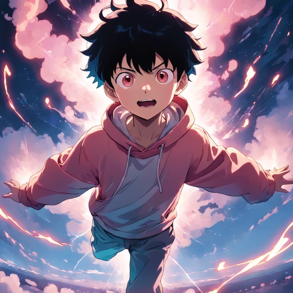 masterpiece, best quality, movie still, 1boy, cloud boy, floating in the sky, close-up, bright, happy, warm soft lighting, sunset, (sparks:0.7), (AS-Young:1.7), (1boy:1.8), (male focus:1.2), (cute:1.7) Shigeo Kageyama, Mob Psycho, looking at viewer, smiling, wearing a pink hoodie