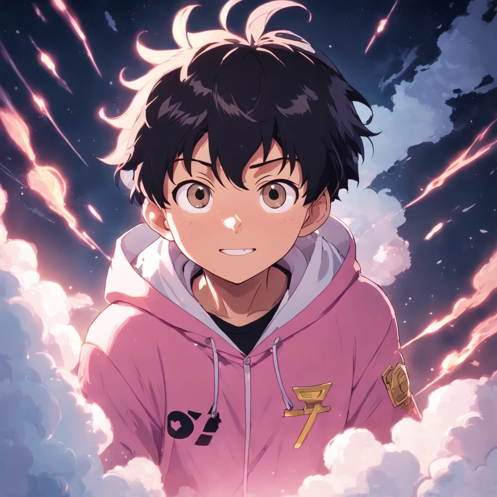 masterpiece, best quality, movie still, 1boy, cloud boy, floating in the sky, close-up, bright, happy, warm soft lighting, sunset, (sparks:0.7), (AS-Young:1.7), (1boy:1.8), (male focus:1.2), (cute:1.7) Shigeo Kageyama, Mob Psycho, looking at viewer, smiling, wearing a pink hoodie