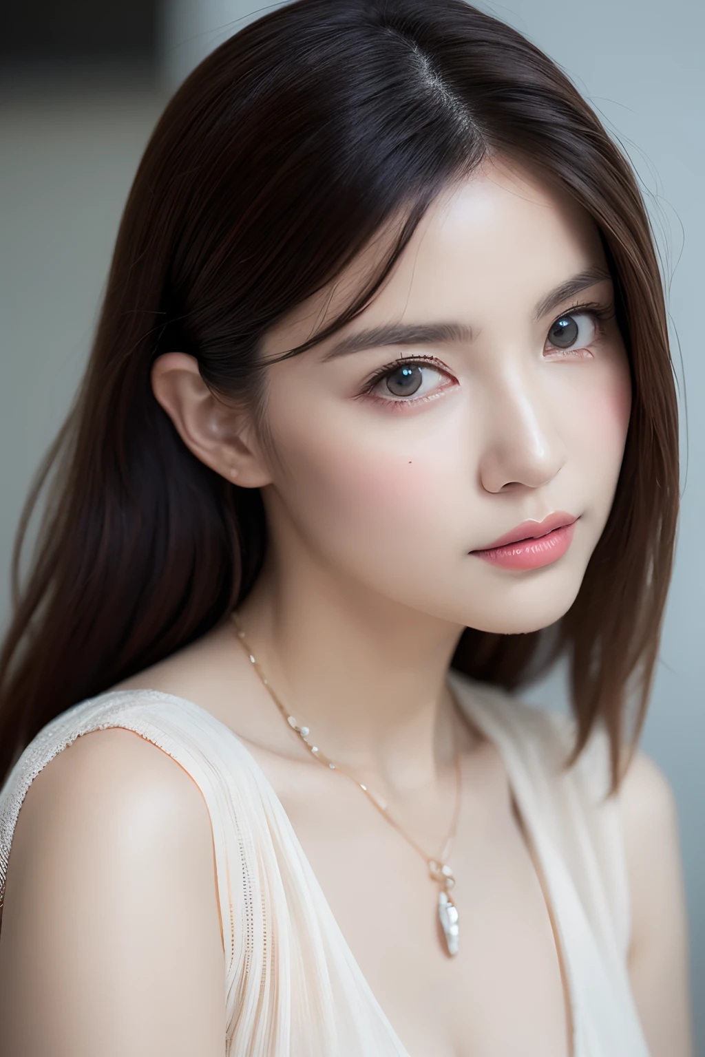 masutepiece, masutepiece, of the highest quality, Best Quality,1 Japan women、Off-shoulder white cami、slenderbody、tiny chest、 Realistic, Unity, 8K Wallpaper, Official art, Very detailed CG Unity 8K wallpaper, (Realistic: 1.4), Super Detail, High resolution, Super Detail, amazing, Fine detail , Film Lighting, (brown|Black hair:1.4), Medium Hair, (Reality Skin:1.2), (Light brown skin:1.2), Expression of beautiful details, Eyes and face are very detailed, Beautiful eye details, Huge file size, ultra detailed and beautiful, Dark eyes, Model Shot Style,