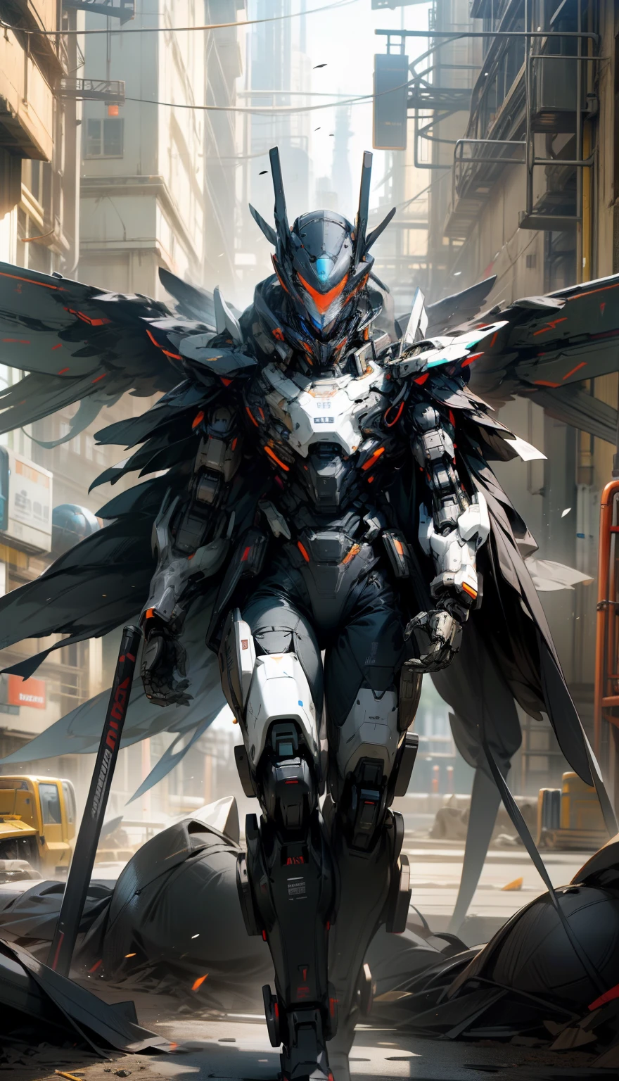 male people，Reload mechs，Humanoid mech，Tall mech，black in color，Black color mecha，Tall mech，shoulder armors，droid，Huge mechanical wings