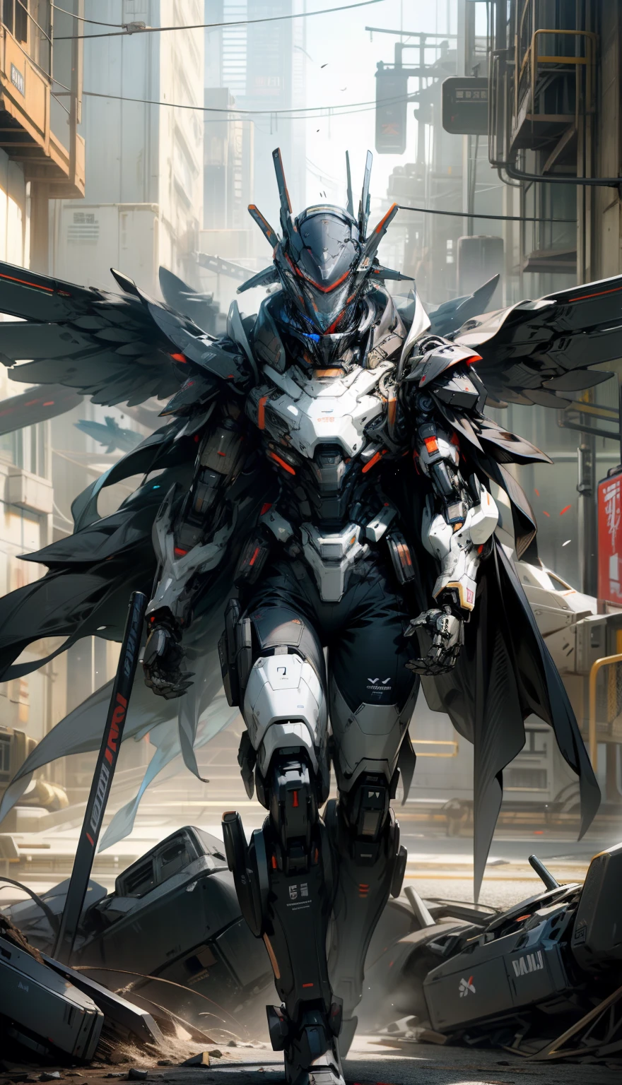 male people,Reload mechs,Humanoid mech,Tall mech,black in color,Black color mecha,Tall mech,shoulder armors,droid,Huge mechanical wings