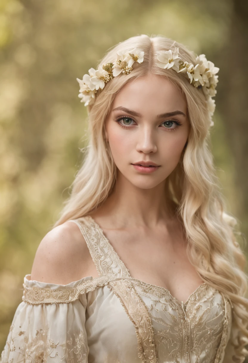 Young virgin Greek goddess of wild nature and hunting, com (((blonde hair))) e (((olhos azuis))), Amazingly beautiful, is light-skinned, esbelta e alta, Usa {Mangas, (very short: 1.7), (Branco:1.5), Chitons gregos, vestido branco, Com borda dourada}, Abs, "Parece rigoroso e determinado", mythical Arcadian mountains and forests, Mitologia grega, Hiper-realismo, fotorrealista, Super Detalhe, 8k, master part