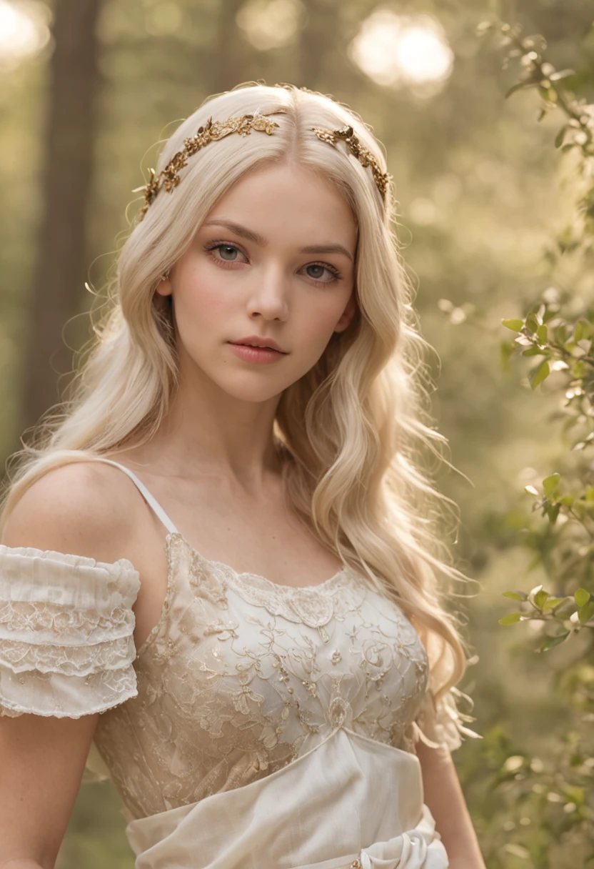 Young virgin Greek goddess of wild nature and hunting, com (((blonde hair))) e (((olhos azuis))), Amazingly beautiful, is light-skinned, esbelta e alta, Usa {Mangas, (very short: 1.7), (Branco:1.5), Chitons gregos, vestido branco, Com borda dourada}, Abs, "Parece rigoroso e determinado", mythical Arcadian mountains and forests, Mitologia grega, Hiper-realismo, fotorrealista, Super Detalhe, 8k, master part