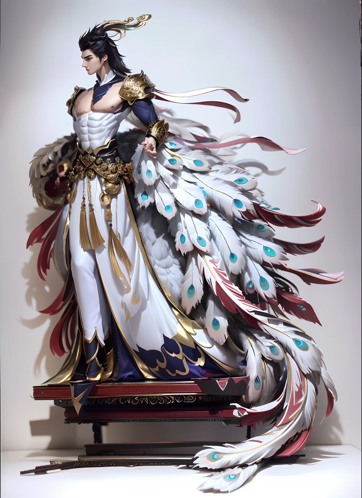 Sculpture design,Figures,GK model,The whole body of the character,(Expose the pectoralis major abs)base,sexy for,Peacock feathers,White feathers,Handsome,Expose muscles,base,Wu Yifan,musculous,Delicate and sophisticated