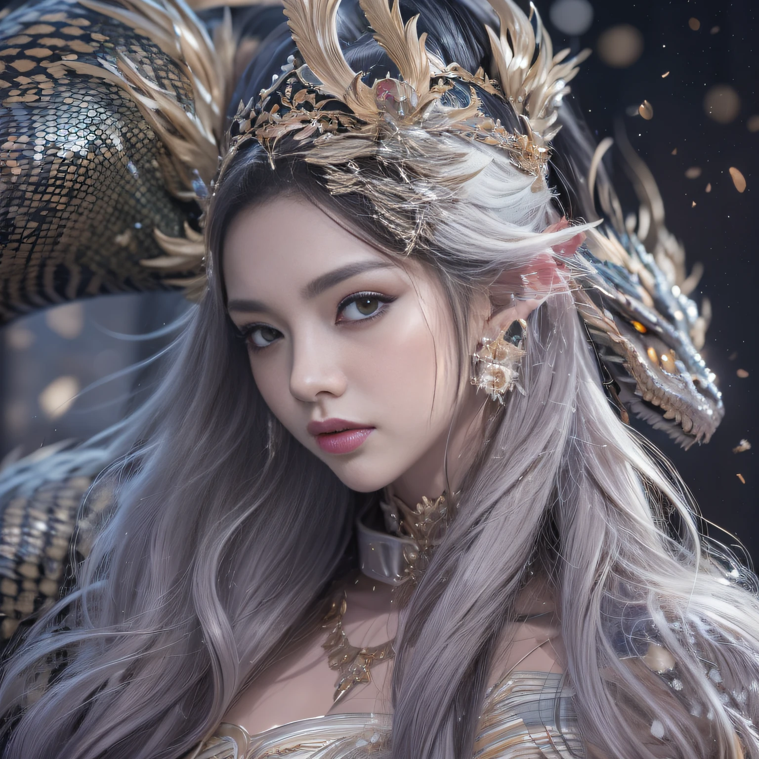 32K（tmasterpiece，k hd，hyper HD，32K）Purple-pink flowing hair，Gold jewelry area in the back room，King Girl ，Rusty Copper Dragon Protector （realisticlying：1.4），Python pattern robe，Purple-pink tiara，Snowflakes fluttering，The background is pure，Hold your head high，Be proud，The nostrils look at people， A high resolution， the detail， RAW photogr， Sharp Re， Nikon D850 Film Stock Photo by Jefferies Lee 4 Kodak Portra 400 Camera F1.6 shots, Rich colors, ultra-realistic vivid textures, Dramatic lighting, Unreal Engine Art Station Trend, cinestir 800，Hold your head high，Be proud，The nostrils look at people，Tsundere，Snowflakes fluttering，Snowflakes fluttering，Snowflakes fluttering，Snowflakes fluttering，Impeccable，( reasonable design, Clear lines, High sharpness,Best quality, Very detailed, Masterpiece, offcial art, movie light effect, 4K )