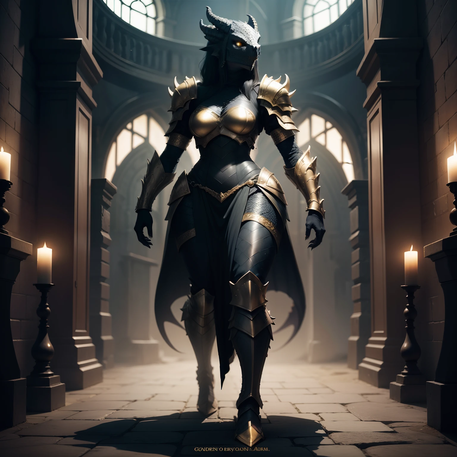Female, black scaled dragonborn, 7 feet tall, full body scales, wearing intricate full body armor, gold eyes,