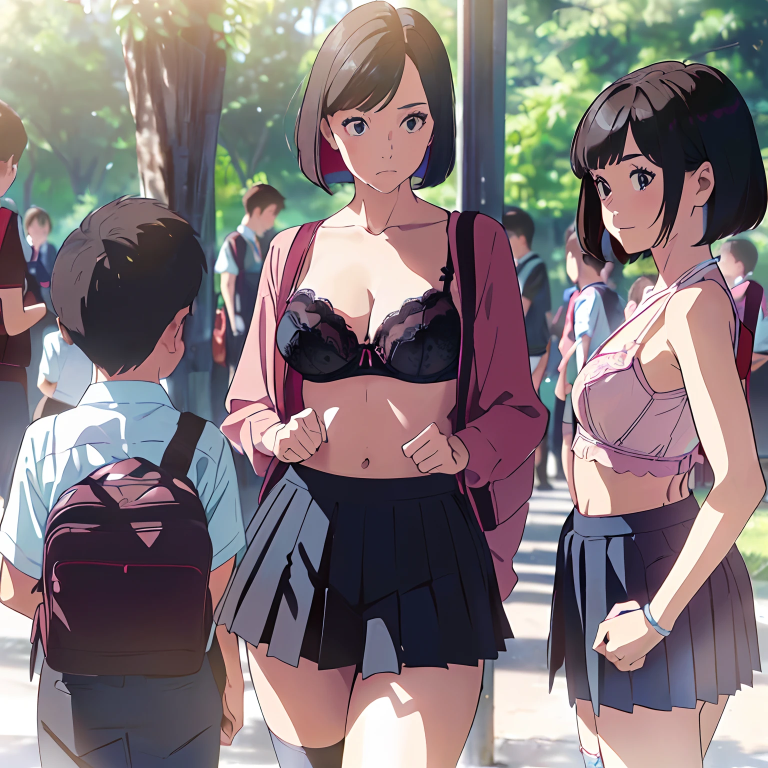 (((((incredibly ridiculous)))), ((absurd)), anime style, (one adult female teacher and three boys),standing together in the park,one female teacher and three male elemenher,(((Female teacher in lingerie))), three schoolboys in casual dress style, (((panthe)),( (bra)), lingerie, three schoolboys dressed casually, (3boys, kindergarten student:1.3),, kindndergarten, bra, panties, (ls:1.2),bob cut, natural lighting,( Female teachers do not wear skirts),(Female teachers do not wear blouses),