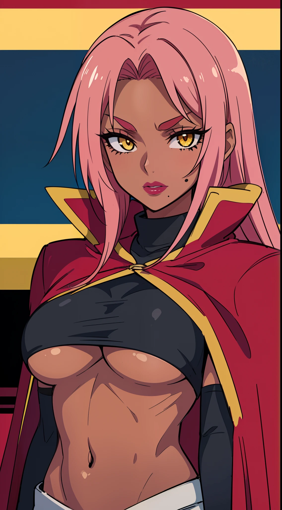 (highres, high quality:1.2), intricate details, cinematic lighting, sharp focus, depth of field, Ingrid, 1girl, mature female, (dark-skinned female:1.1), dark skin, ((upper body, half body shot:1.3)), (looking at viewer, sunny beach, determined, pink red hair, very long hair, hair intakes, makeup, lipstick, (mole under mouth:0.8), eyelashes, yellow eyes, detailed face, helloutfit, red cape, black (turtleneck:1.1), (underboob:1.1), black elbow gloves, (coattails:1.1), revealing clothes, center opening, (multicolored clothes:1.1) midriff, natural large breasts, (solo:1.4)