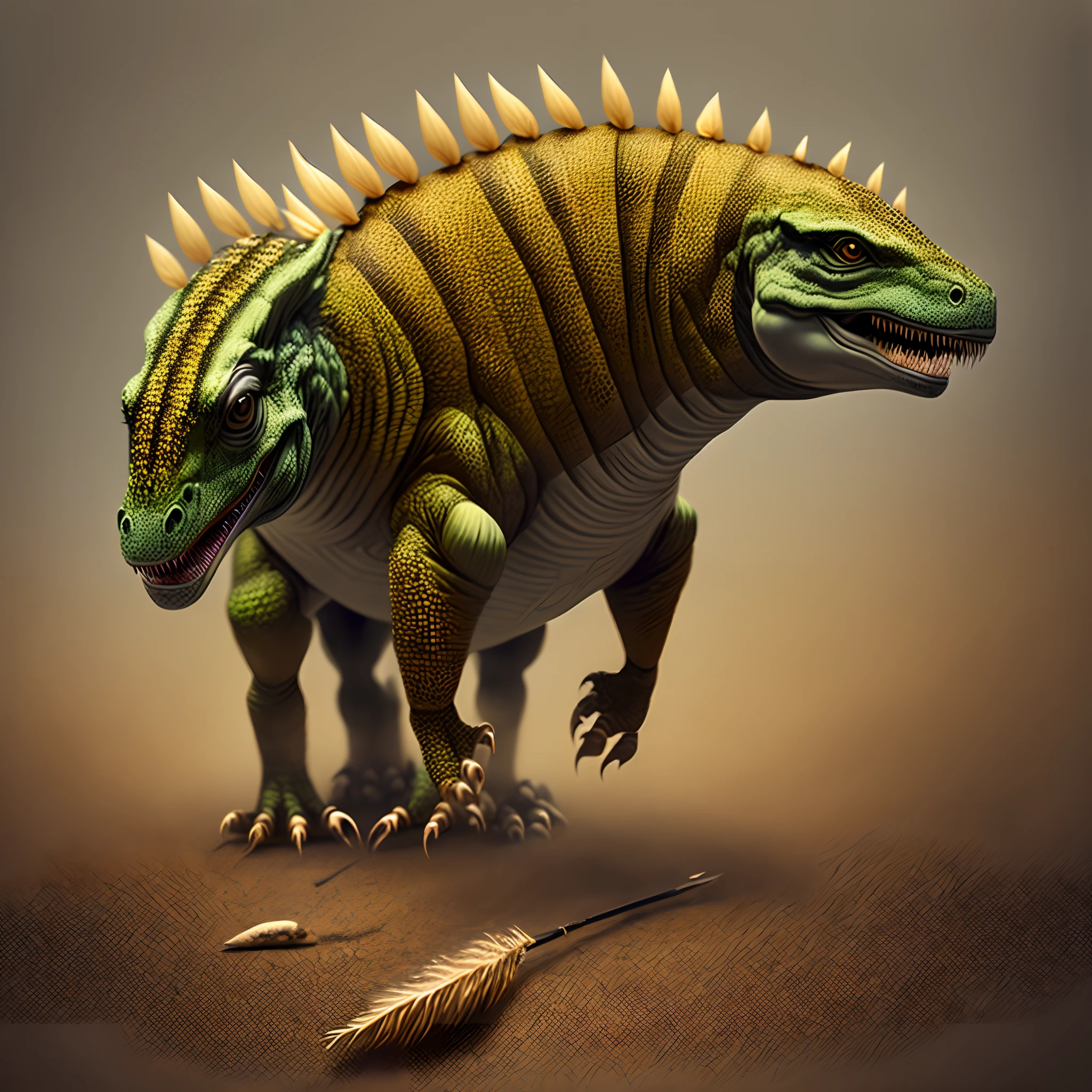 dinossauro de duas patas, criatura predadora com (longa cauda), slender with green feathers and lizard jaws. dinossauro predador como lagartixa com penas ((duas patas)) esbelta, corpo longo com penas, corpo de lagarto com penas, Dinosaur with long legs and spear-like feathers on his back