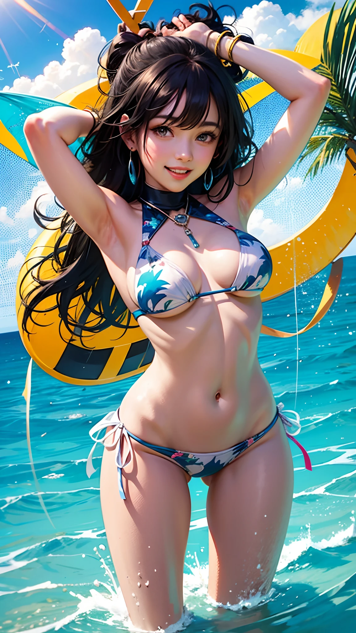((young woman::0.8)) ((cheerful::0.7)) ((wearing colorful summer swimsuit::0.6)) ((waving and smiling::0.9)) ((blue sea and white sand beach background::0.8)) ((sunny summer day::0.7)) ((strong midday summer sunshine::0.8)) ((contemporary resort setting::0.6)) ((bright cartoon illustration style::0.9)) ((cute deformed proportions::0.8)) ((eye level perspective::0.7)) ((vivid summer color scheme::0.8)) ((radiant sunlight::0.8))   structure --auto --s2
