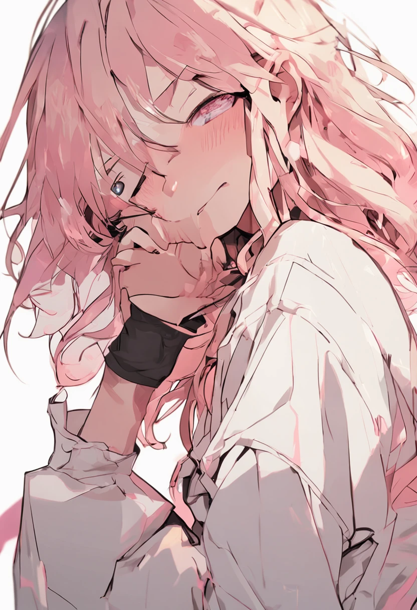 WHITE BACKGROUND, half body view girl, centered on the screen, blonde, pink clothes, anime style, crying with many tears, imagem 1:1
