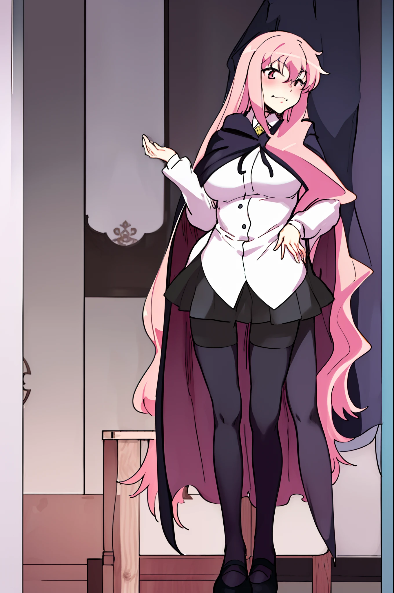 Quickly bookmark and organize later /upscale louise zero default, louise francoise le blanc de la valliere, 1girl, solo, standing, black thighhighs, pink hair, pentacle, petals, long hair, pink eyes, cape, mary janes, shoes, zettai ryouiki, huge breast