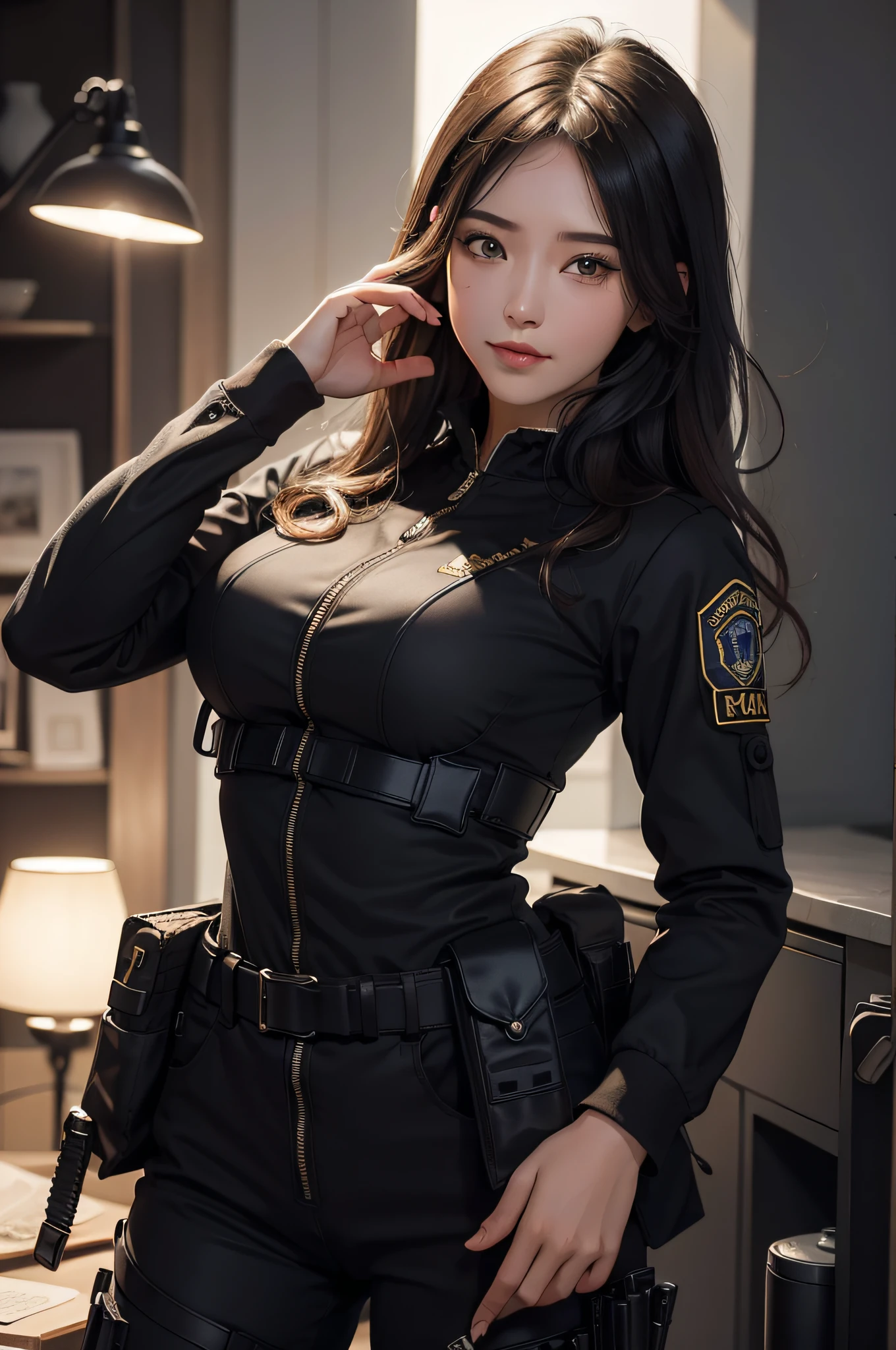 (Hyper-realistic) , (illustratio), (Increase the resolution),(8K), (Most Best Illustration),(extremely detaile), (美丽细致的眼睛),(The face is super detailed), (详细的脸), 独奏,1个Giant Breast Girl, looking at viewert, in the darkness nigth, deep shading, ssmile,cabelos preto e longos,(((Armed police uniforms:1.8)))