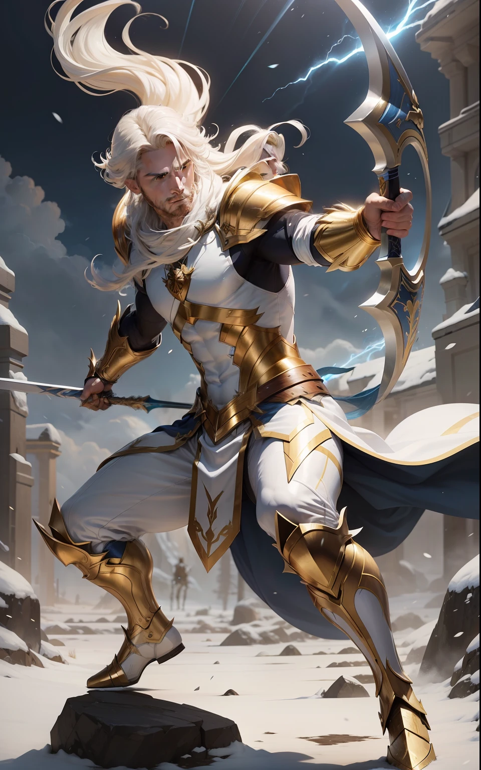 Man with bow Fantasy Action Armor Golden Hair Full Body White Blue Rays Action Background Add Golden Armor Improve Add Archer White Beast Lightning Effects, cabelo branco como a neve.