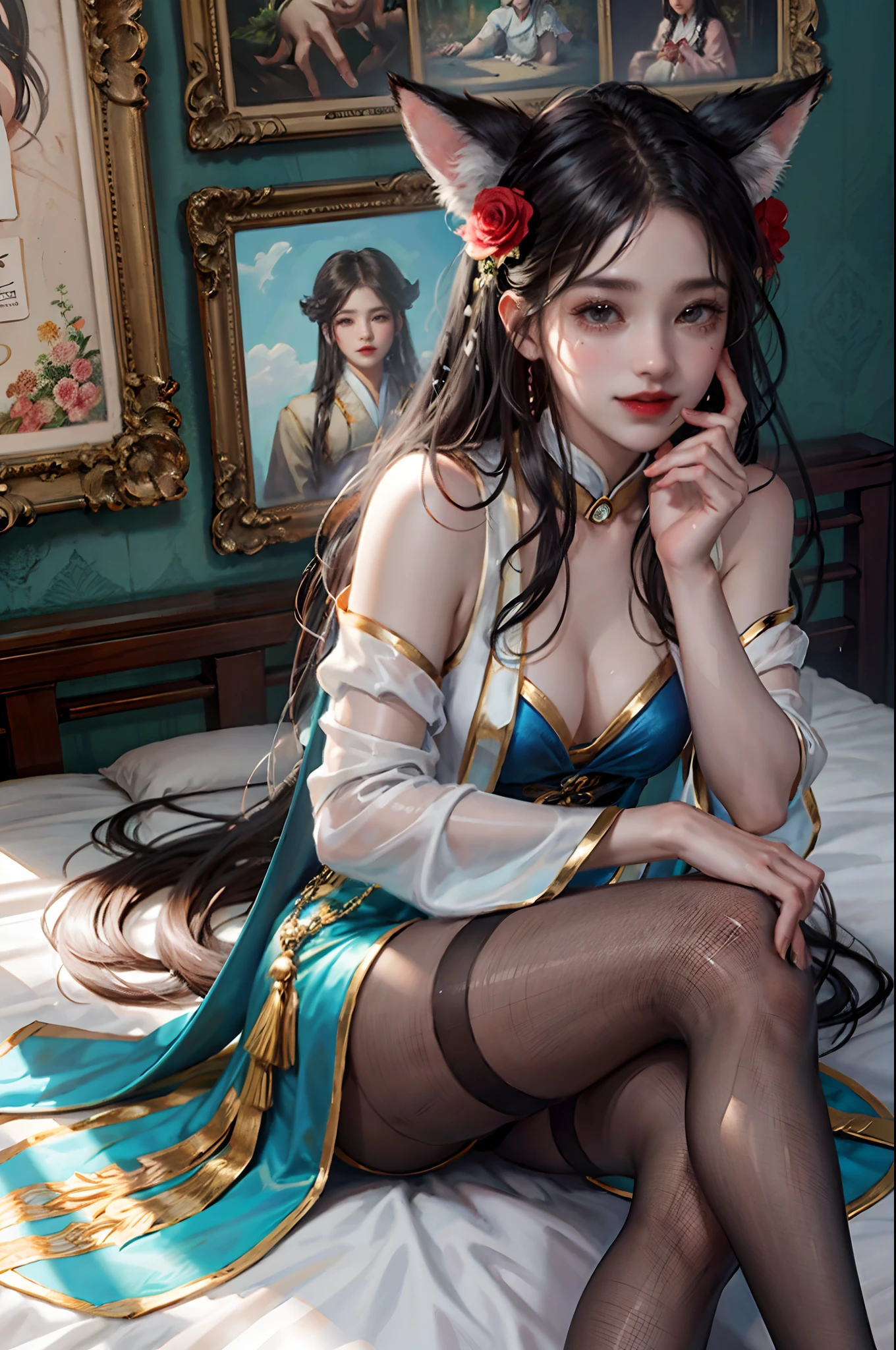 1girl, fantasy, fox tail, fox ears, indoors, corruption, photo, film grain, simple background, pov, hair flower, nervous smile, sex, pov,
pantyhose, hanfu,
on bed, crossed legs,