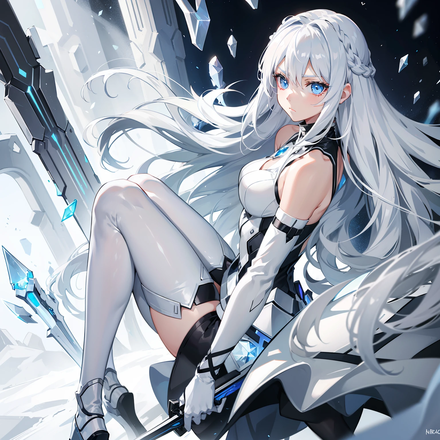 Long silver-white hair,Girl with crystal blue eyes,She wore a tights that looked like a combat suit,Places such as wrists and knees are hard armor,face expressionless,There are no emotions in the eyes,Icy expression,Light and dark background,A long white sword,Machine-like weapons,Clothes with a sense of machine in the future