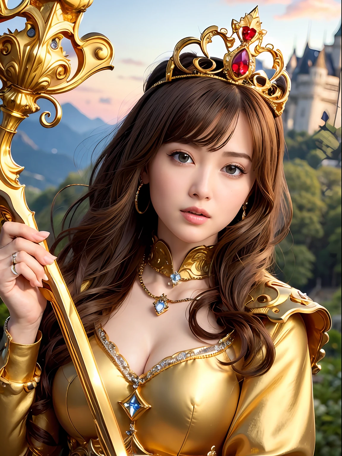 Professional , masterpiece、top-quality、photos realistic , depth of fields (Gemstone Silver Metal Body:1.9),(Matte yellow、Jewel Gold Weapon、(Gorgeous castle background)、(Jewel Metal Body:1.4),(Gorgeous Jewel Metal Weapons) , (Detailed Sword of the Brave) ,( ) ,warhammer 40k , adepta sororitas,Detail and ornate jewel crown、Brown hair、(Gangle's forest background)、1a person、dynamic ungle,(((Diamond tiara with detail and luxury)))、a small face、A smile、Powerful poses、(Gorgeous castle background)、huge filesize、20 year old beautiful woman、Stand in the center of the screen、Thin female fingers、Straight long hair、Beautiful Caucasian beauty、Mystical expression、Lightly open your mouth、