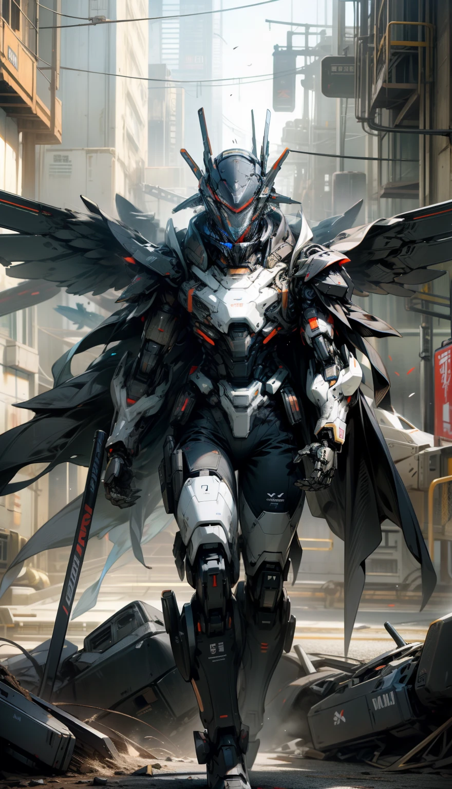 male people，Reload mechs，Humanoid mech，Tall mech，black in color，Black color mecha，Tall mech，shoulder armors，droid，Huge mechanical wings