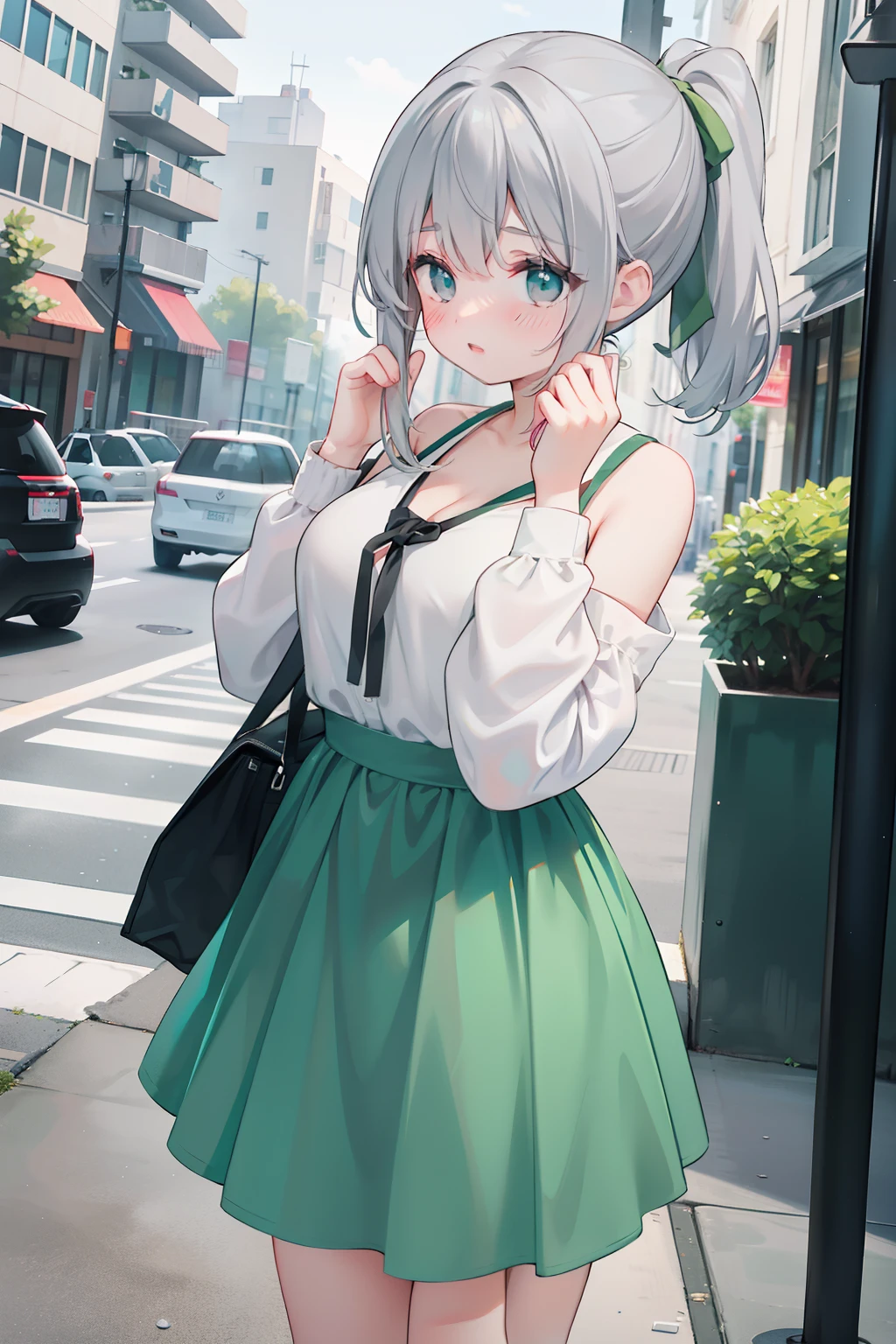 Holding her head in her hands, a girl standing on the street with bare shoulders and chest leaking gray long sleeves, big V-neck short dress, gray high heels, green double ponytail hair
