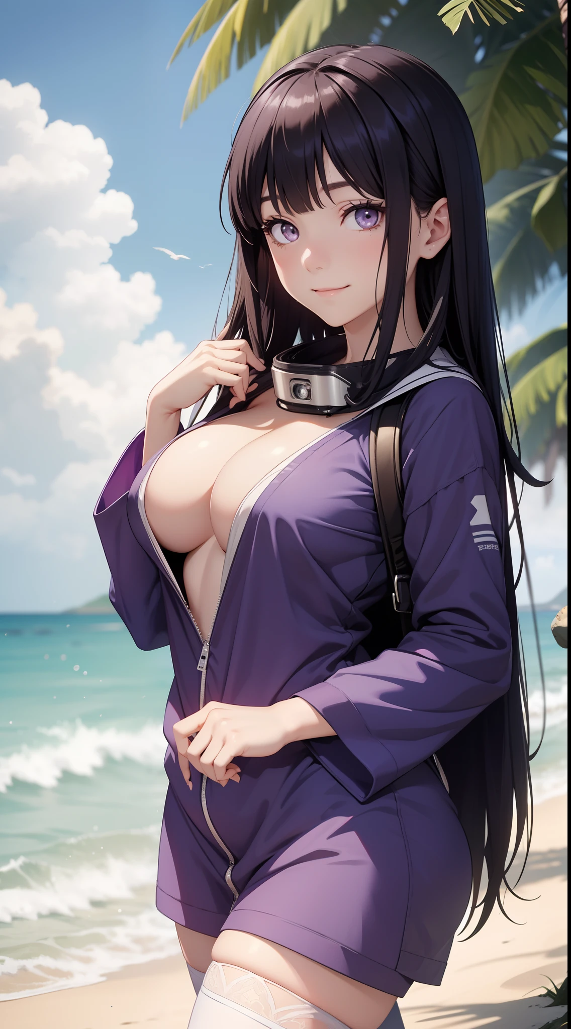 film movie still、Large breasts，White eyeballs，1girl in、It stands、years、pale-skinned、innocent smiles、white stockings、((A detailed face))、(Detailed skin)、moisty，The details are complex、Shallow depth of field、[volume fog]、电影灯光、Reflectors、a Canon EOS R5、50mm lens、f / 2.8、shot at 8k resolution、Purple clothes，Close-up，Hinata，brunette color hair，White eyeballs，sea beach，swim wears，sandbeach，The bird，Greenery
