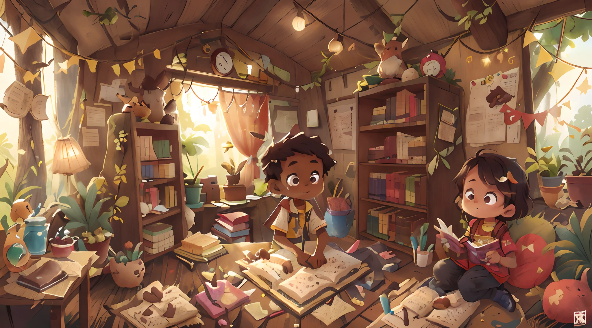 Laura de 10 anos de idade, cabelo castanho claro, africana e Pedro de 8 anos de idade, cabelo curto escuro, African were in awe of the chocolate tree, But they soon realized that they were in the magical world of the map. Animados, deram os primeiros passos e se depararam com um portal feito de caramelo. By crossing it, The ground turned into a road paved with bright chocolate coins. Ao longo do caminho, Trees and streams of liquid chocolate made clear the magic of this place. ((melhor qualidade)), ((obra-prima)), (detalhado), (alta resolução).