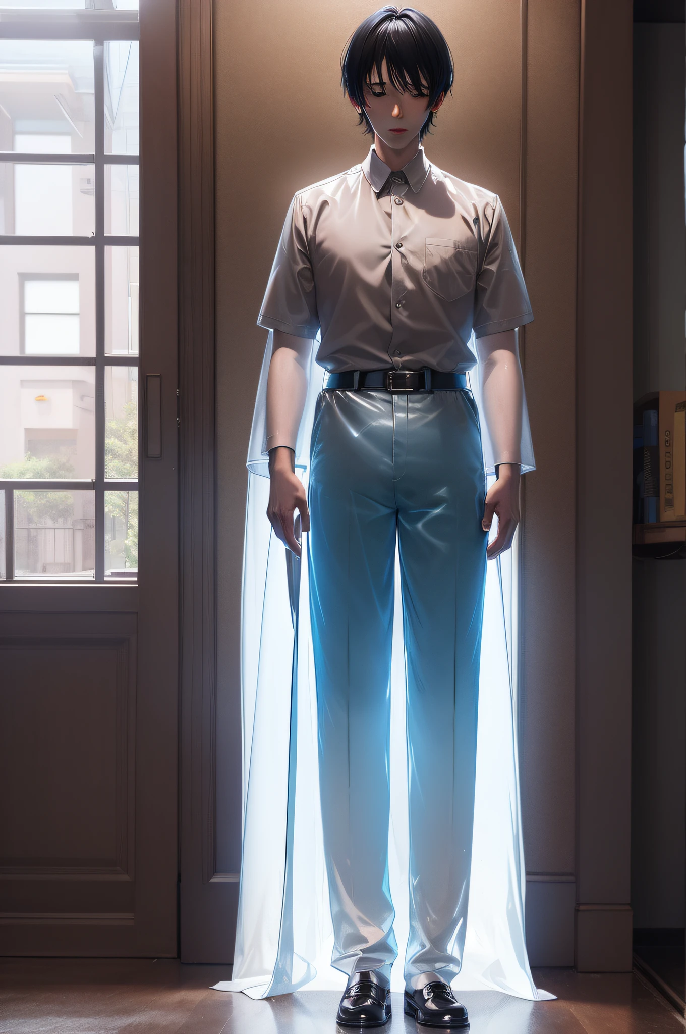 Translucent man in long pants and school uniform、Young man with short hair