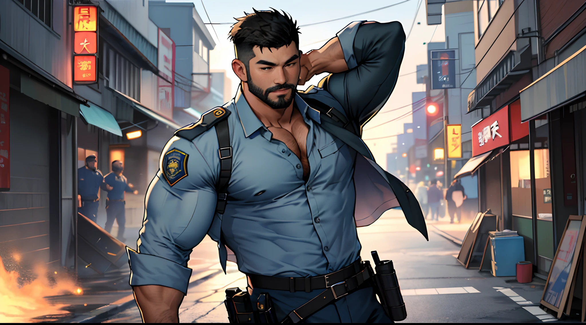 asian man, jarhead, best quality, masterpiece, super high resolution, detailed background, realistic, illustration, lens, solo, 1boy, muscle man, beard, police uniform, open shirt,, ragged pants, street, muscle, facial hair, volumetric lighting, depth of field