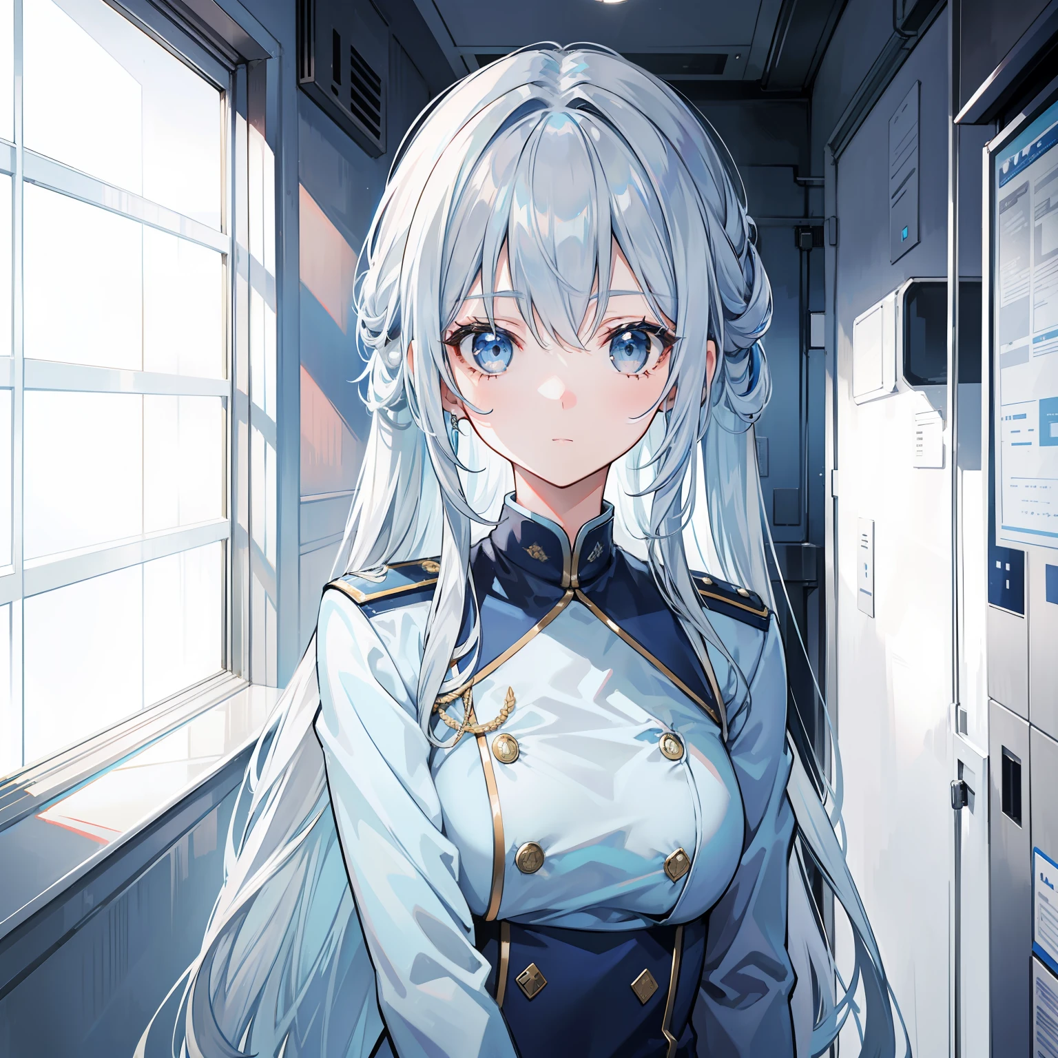 Long gray-blue hair,Transparent texture,Light blue and white military uniform,A standard good-looking girl