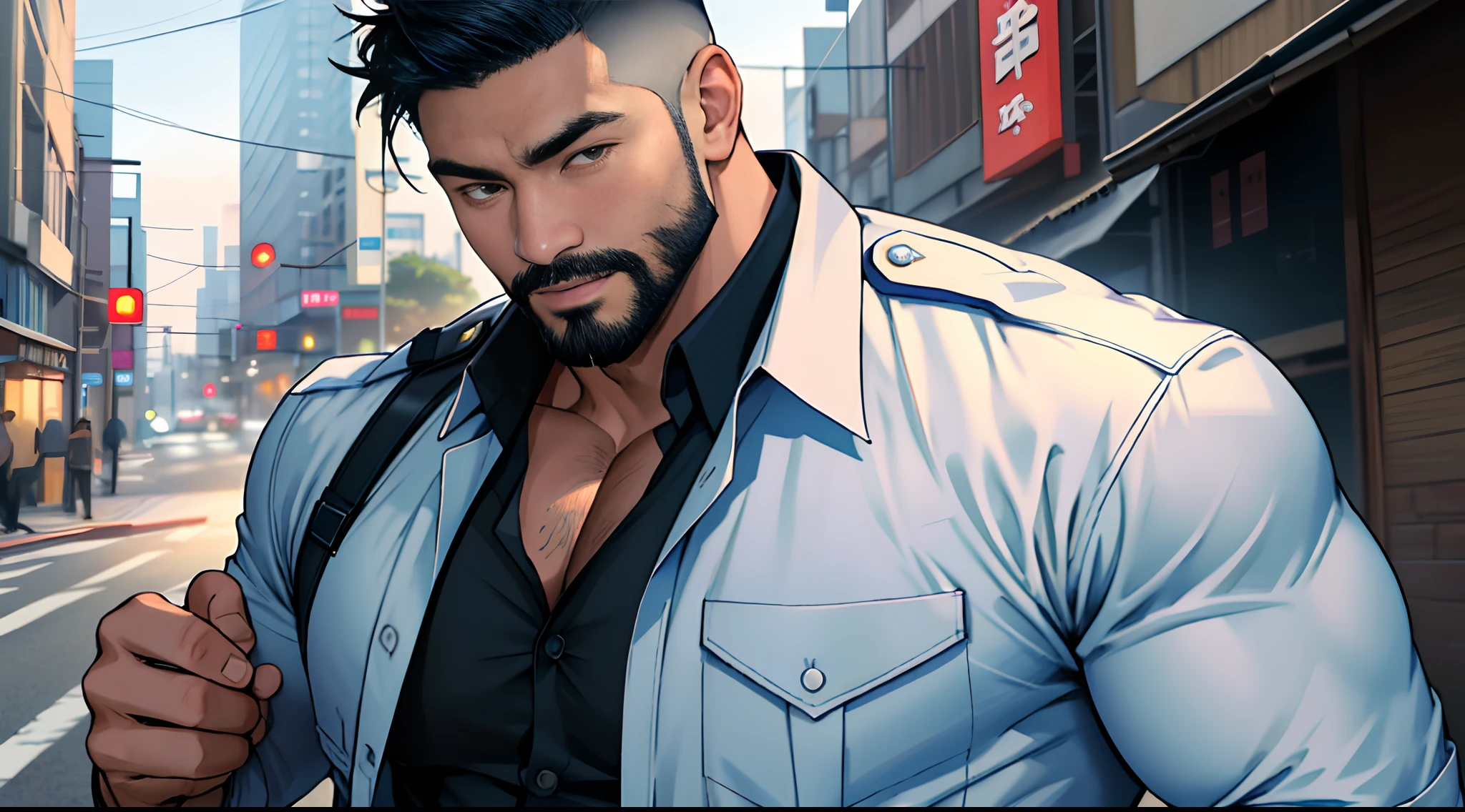 asian man, jarhead, best quality, masterpiece, super high resolution, detailed background, realistic, illustration, lens, solo, 1boy, muscle man, beard, police uniform, open shirt,, ragged pants, street, muscle, facial hair, volumetric lighting, depth of field