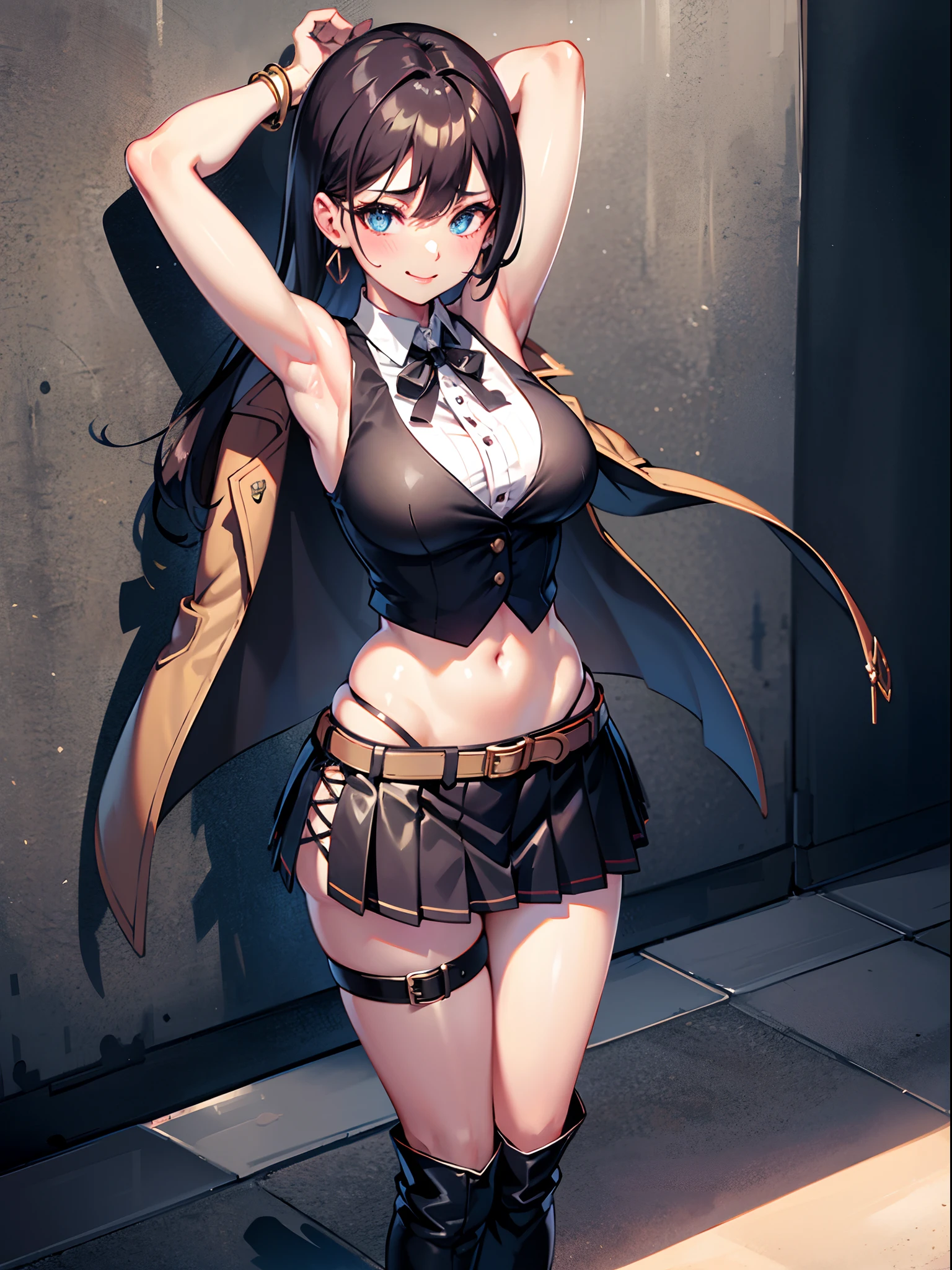 1 girl, chest, skirt, armpits, long hair, boots, big breasts, pleated skirt, single, jewelry, look at me, belt, sides up, chalk, navel, miniskirt, bracelet, standing, shoes, Earrings, arms up, smiling, sleeveless, bangs, thigh belt, alley, bare shoulders, midriff, outdoor, shirt, clavicle, cross ribbon shoes, waistcoat, thigh high boots, teak, short jacket, belt buckle, collar, strap boots, sweat, lip opening, hair between eyes, hand raised, sleeveless shirt, thighs, shadow