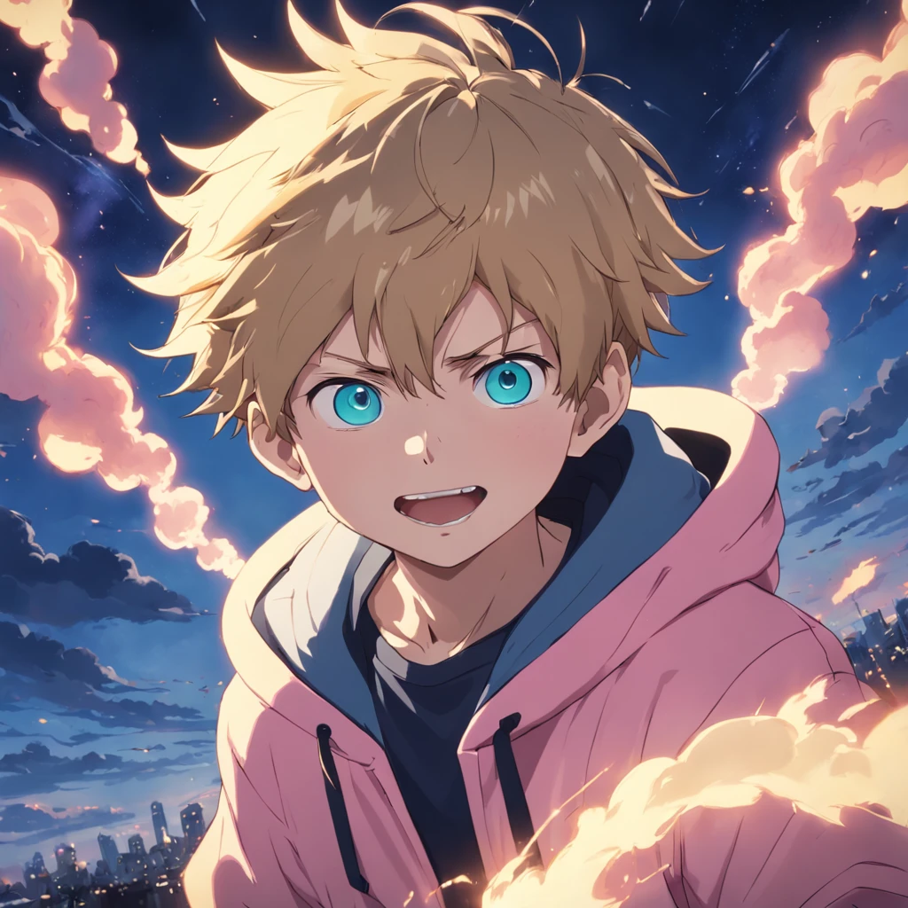 masterpiece, best quality, movie still, 1boy, cloud boy, floating in the sky, close-up, bright, happy, warm soft lighting, sunset, (sparks:0.7), (AS-Young:1.7), (1boy:1.8), (male focus:1.2), (cute:1.7) Shigeo Kageyama, Mob Psycho, smiling, wearing a pink hoodie, dark blonde hair, bight blue eyes, round glasses