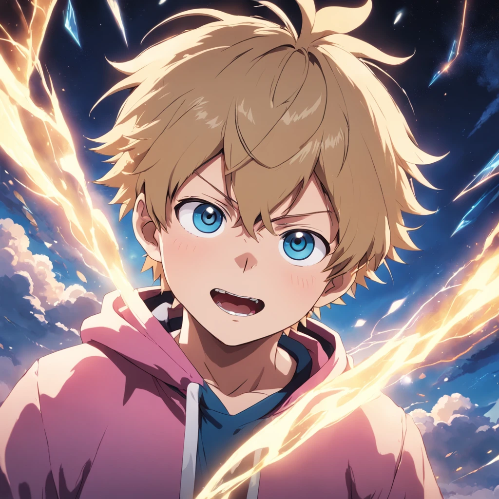 masterpiece, best quality, movie still, 1boy, cloud boy, floating in the sky, close-up, bright, happy, warm soft lighting, sunset, (sparks:0.7), (AS-Young:1.7), (1boy:1.8), (male focus:1.2), (cute:1.7) Shigeo Kageyama, Mob Psycho, smiling, wearing a pink hoodie, dark blonde hair, bight blue eyes, round glasses