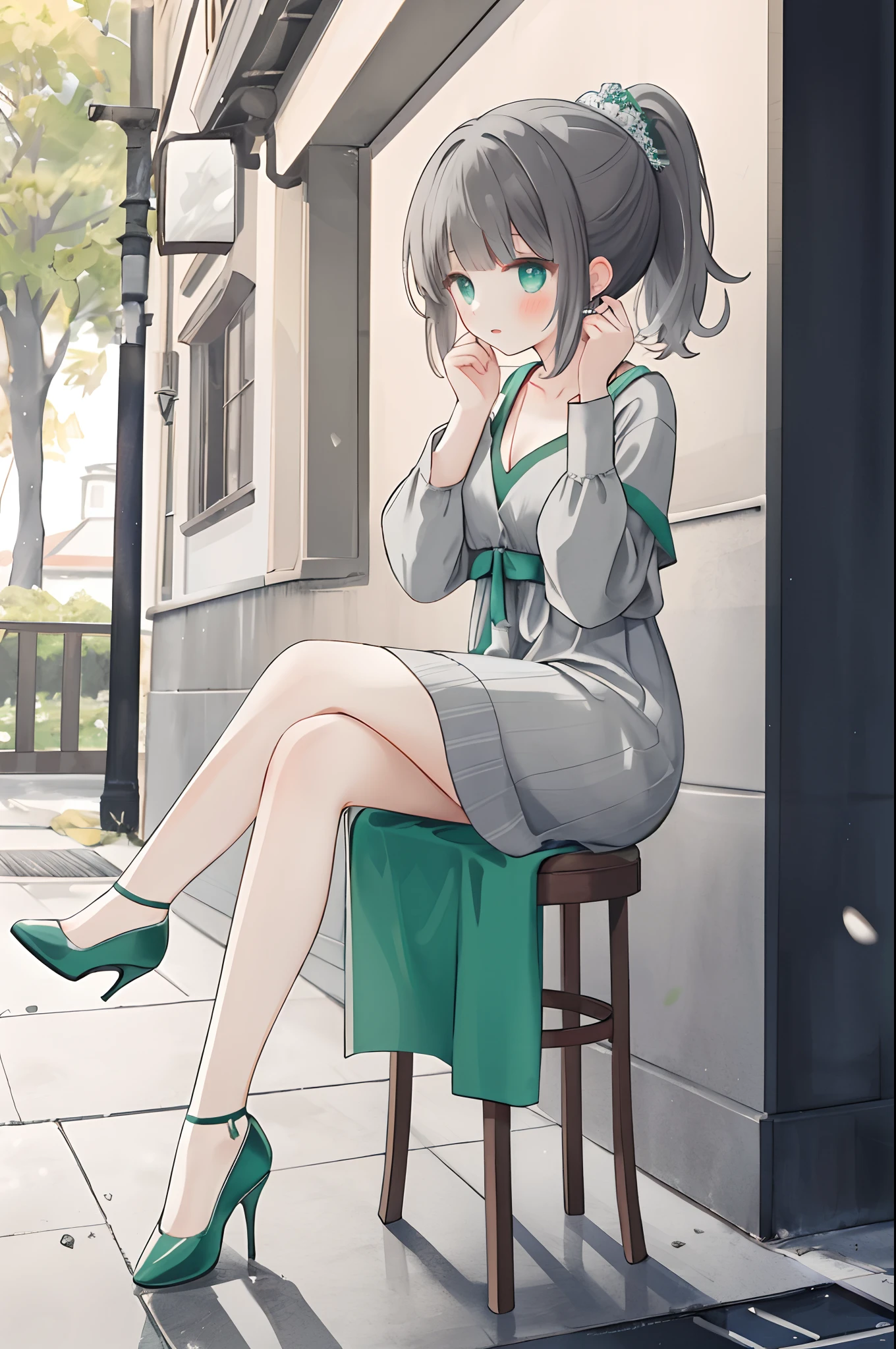 Girl holding head in her hands, all over a gray long sleeve big V-neck dress, gray high heels, green double ponytail hair