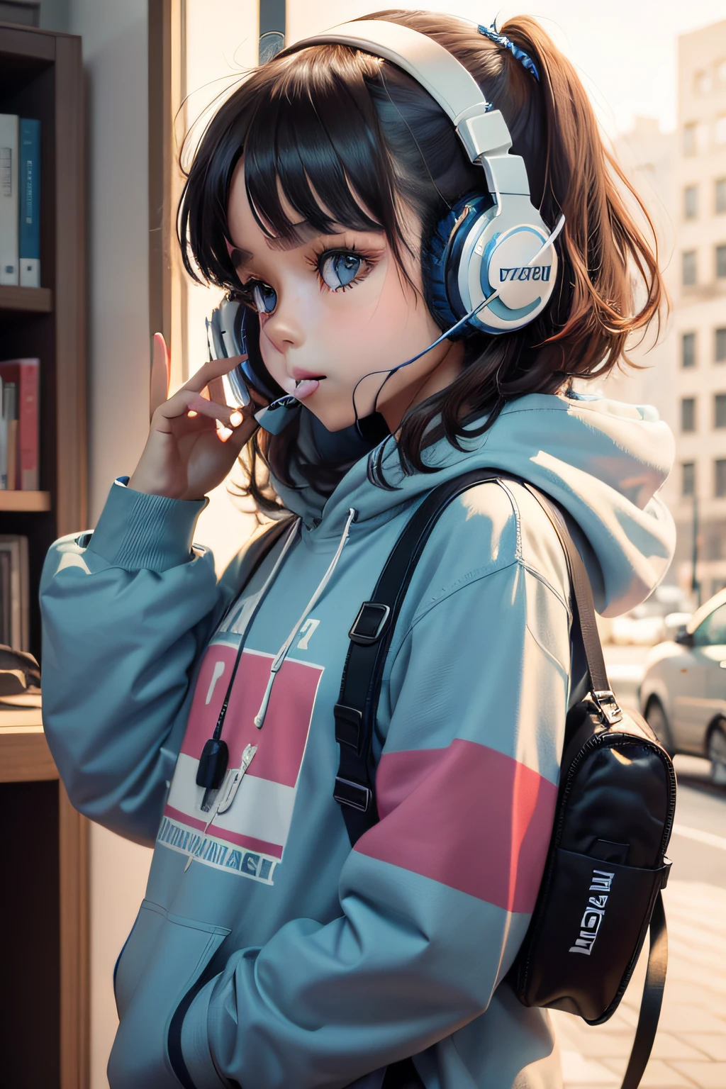 Make a girl from headset headset, ouvindo musica no celular, usando um moletom com uma estampa rigorosa "Mix Musician"