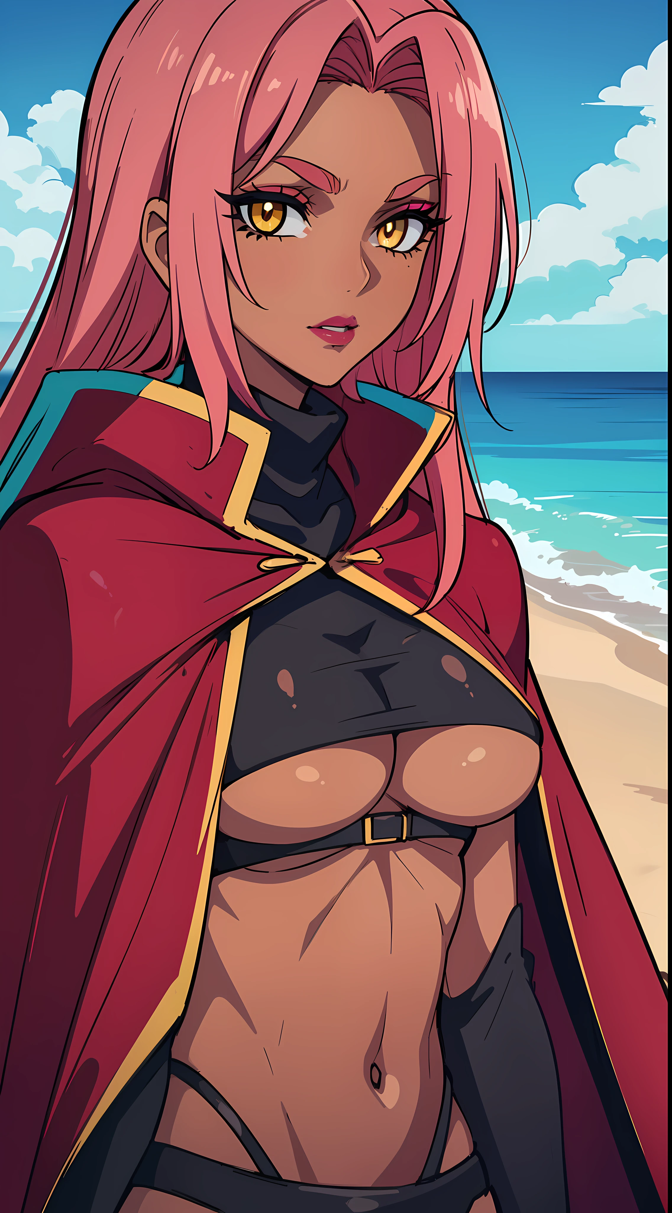 (highres, high quality:1.2), intricate details, cinematic lighting, sharp focus, depth of field, Ingrid, 1girl, mature female, (dark-skinned female:1.1), dark skin, ((upper body, half body shot:1.3)), (looking at viewer, sunny beach, determined, pink red hair, very long hair, hair intakes, makeup, lipstick, (mole under mouth:0.8), eyelashes, yellow eyes, detailed face, helloutfit, red cape, black (turtleneck:1.1), (underboob:1.1), black elbow gloves, (coattails:1.1), revealing clothes, center opening, (multicolored clothes:1.1) midriff, natural large breasts, (solo:1.4)