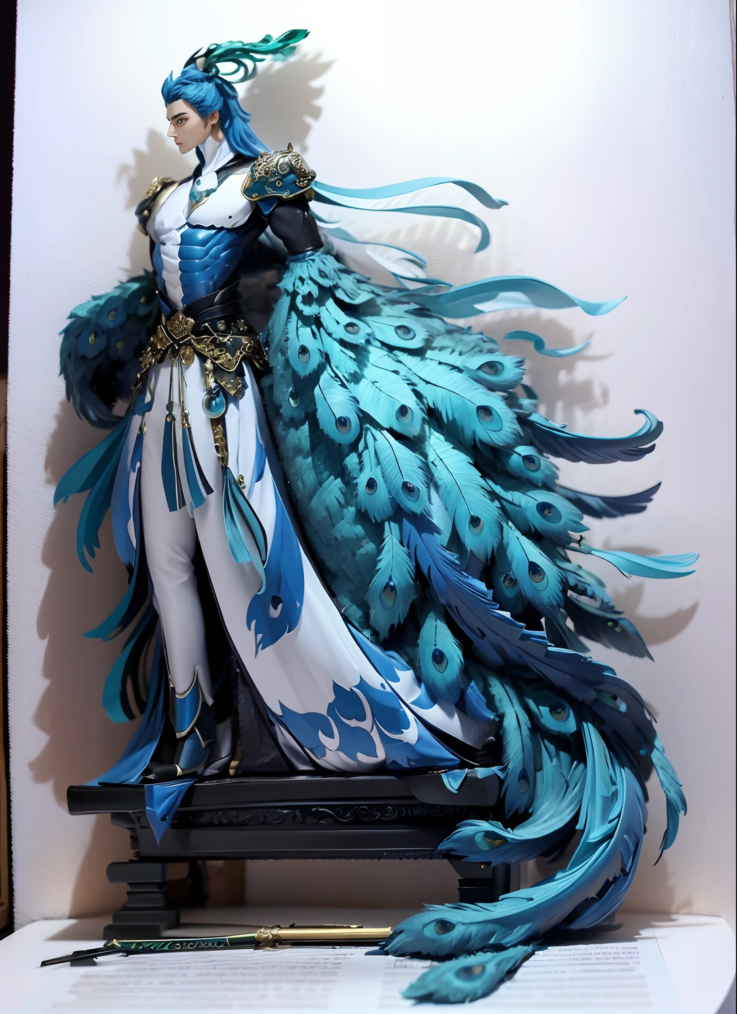 Sculpture design,Figures,GK model,The whole body of the character,(Expose the pectoralis major abs)base,sexy for,Peacock feathers,blue colors,Herse,green color,white colors,Handsome,Expose muscles,base,Wu Yifan,musculous,Delicate and sophisticated
