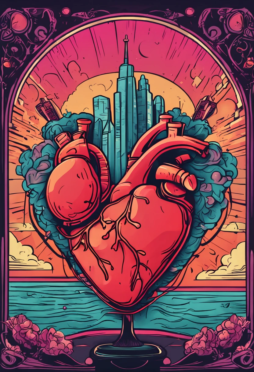 Cartoon illustration of a heart with dancing arms and glasses