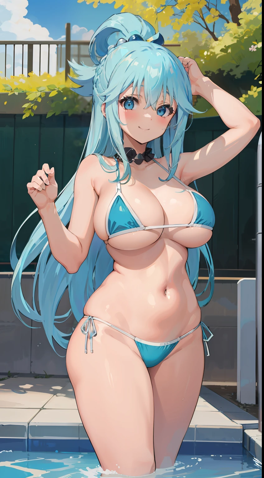 masterpiece, best quality, 1girl, aqua_konosuba, long hair, light blue hair, blue eyes, smile, swimsuit, bikini, swiming pool background, shy, looking at viewer, large breast, chubby curvy body,