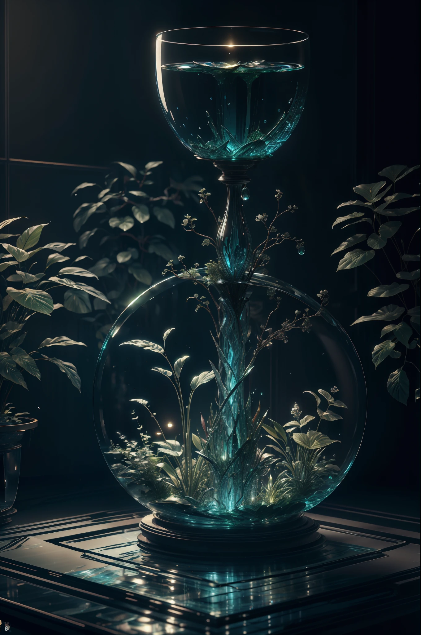 masterpiece of glass sculpture with plants inside, water, glowing, fantasy, high quality, high detail, best quality, rtx, 4k, 8k,