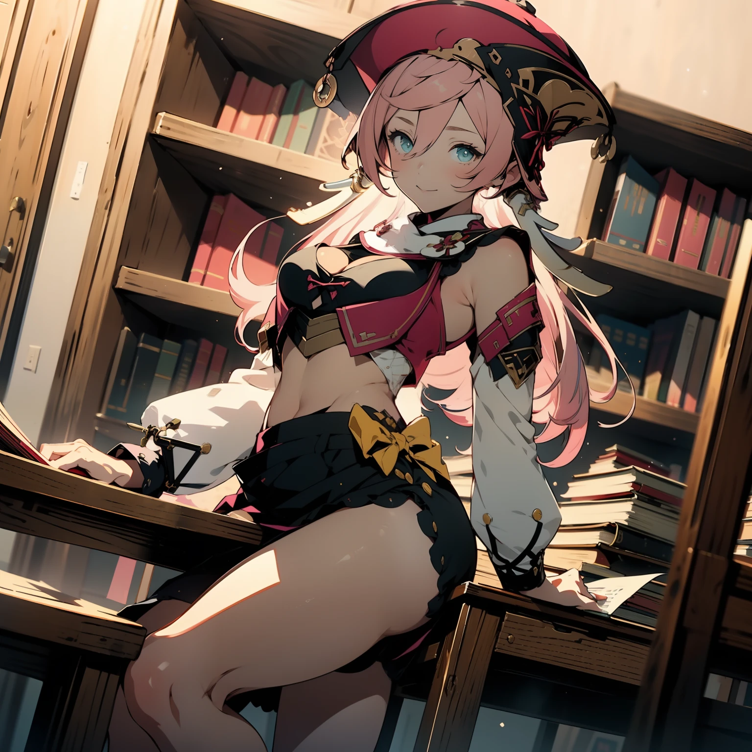 1girl, (solo:1.2), ((masterpiece)), [slim], (mediumchest), pale skin, ((detailed eyes)), (bokeh effect), (dynamic angle), visible bellybutton, sitting on the desk, sexy, cheerful, pink hair, white horns on sides, red hat, inside the court, judge, wooden table with books and paper, the court room