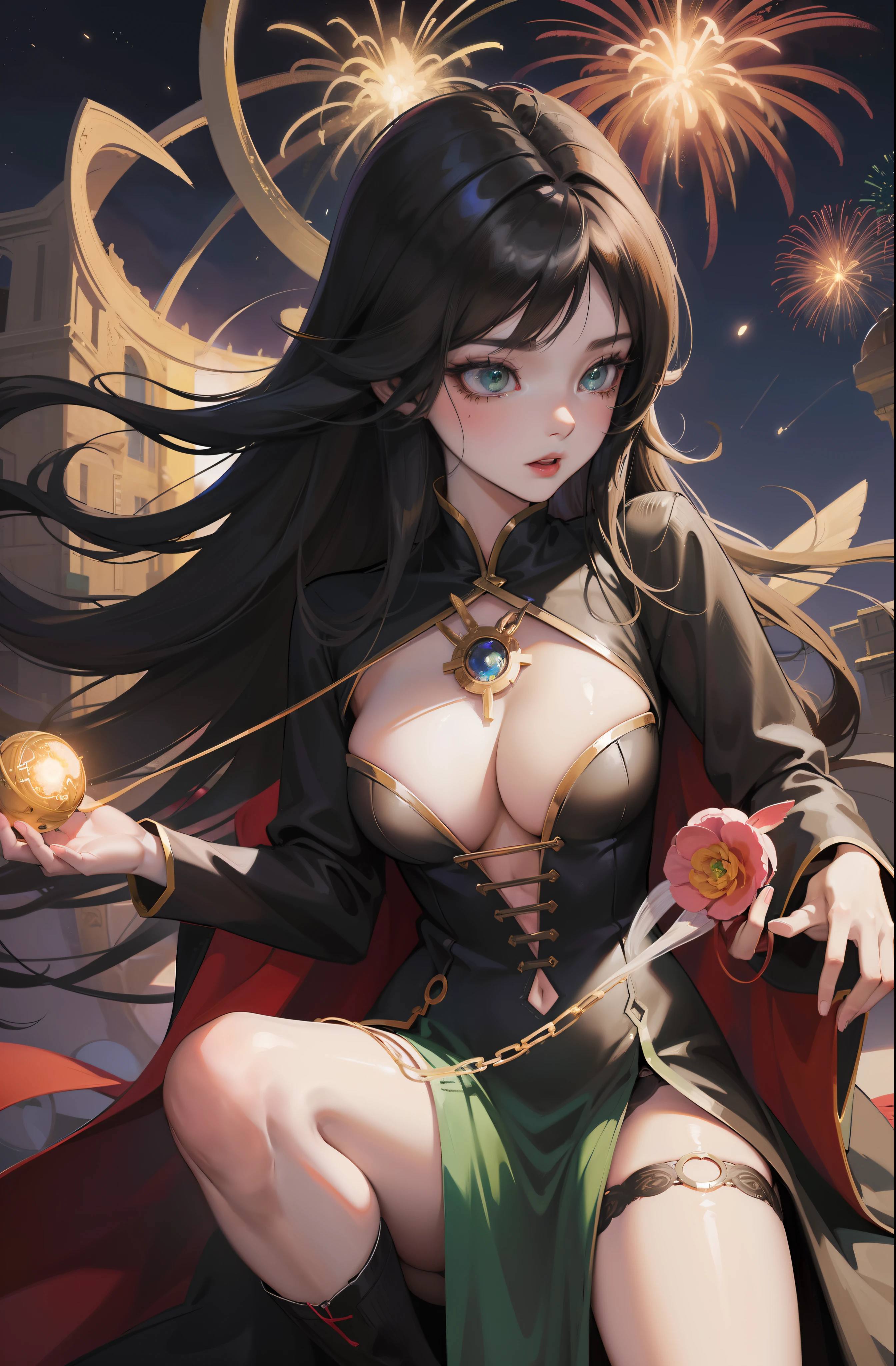 Witch with cat and fireworks in the background, black - haired mage, Seductive Anime Girl, Green eyes, flirty anime witch casting magic, ArtGerm. Anime Illustration, very detailed Artgerm, pretty sorceress, range murata and artgerm, beautiful alluring anime woman, beautiful sorceress, ArtGerm on ArtStation Pixiv