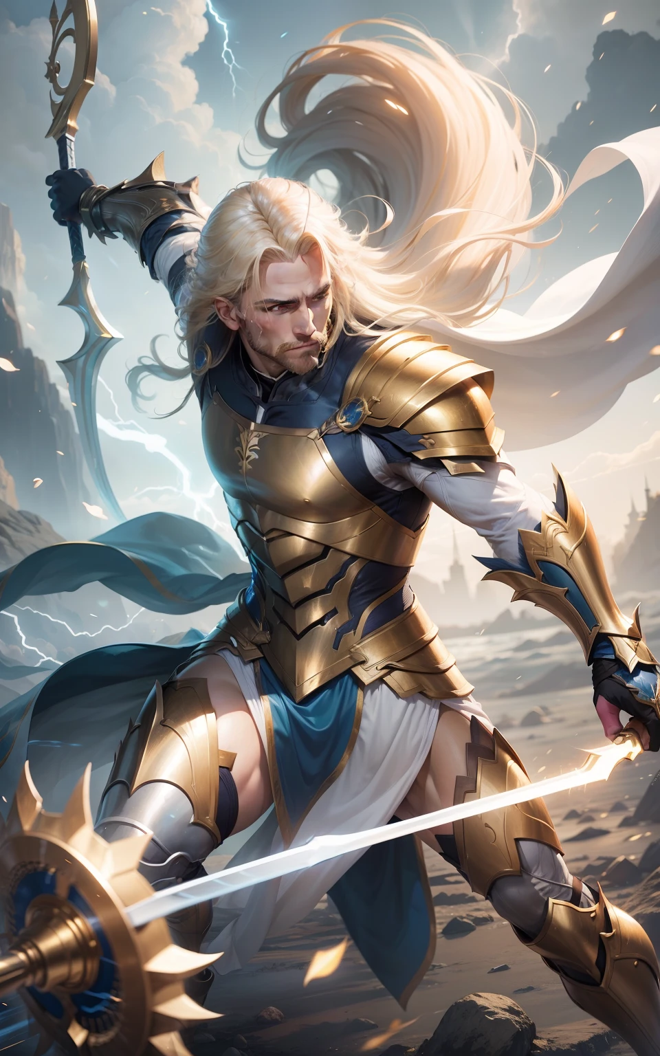 Man with bow Fantasy Action Armor Golden Hair Full Body White Blue Rays Action Background Add Golden Armor Improve Add Hair Archer White Beast Lightning Effects