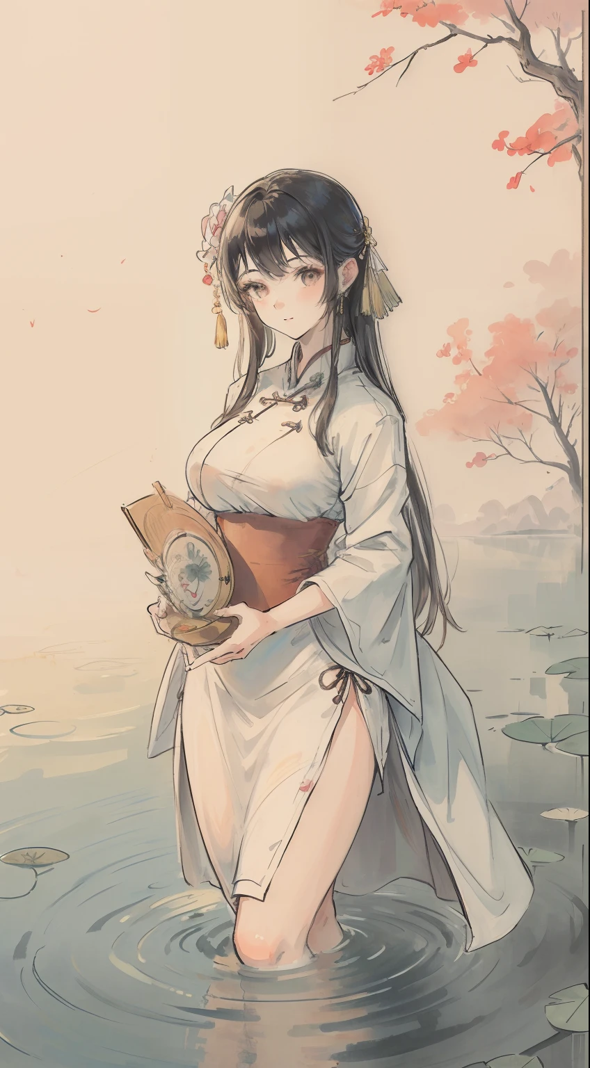 ((4K,Masterpiece,Best quality)),a big breast chinese girl，The facial structure is reasonable， shuimobysim, Traditional Chinese painting, lotuses, Hanfu, maxikit, Dress conservatively ， Solo, Long Light Hair, ssmile, standing on your feet, feet in water, The barefoot,Perfect face，big breasts beautiful，Standard human body