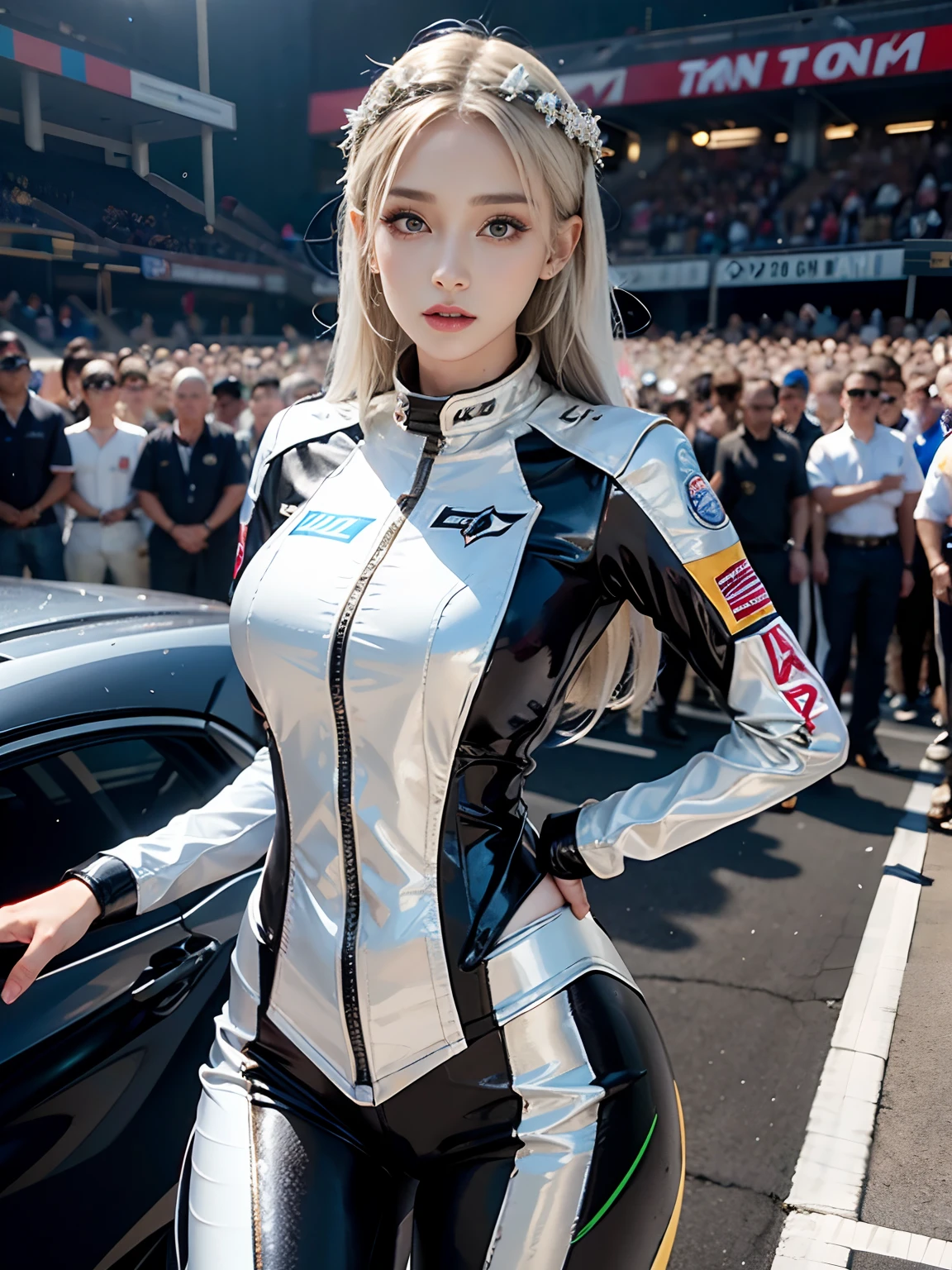 Unreal Engine 5 Realistic Rendering, cosplayer, Race Queen、Uniform with logo、 Exquisite beauty、Beautiful face, Body shape of slim model, Colossal tits, shiny, wet shiny body, short white hair, dark brown skin, neons、Large crowds、audience、Forming an emperor、Drag racing、Midsommar Racing Circuit、racing car、Lower grade、crowd、spectators、