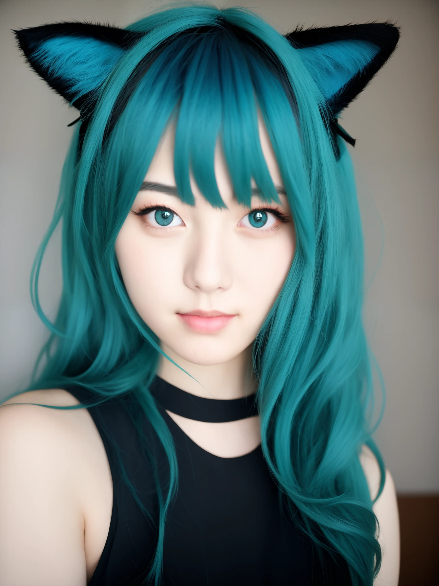 Woman with cat ears on her head, Anime style mixed with Fujifilm, woman with cat ears, Girl with cat ears, cosplay foto, anime girl with cat ears, Anime cosplay, Hatsune Miku cosplay, nixeu and sakimichan, Anime girl cosplay, with blue hair, cat ears on her head, Anime-style