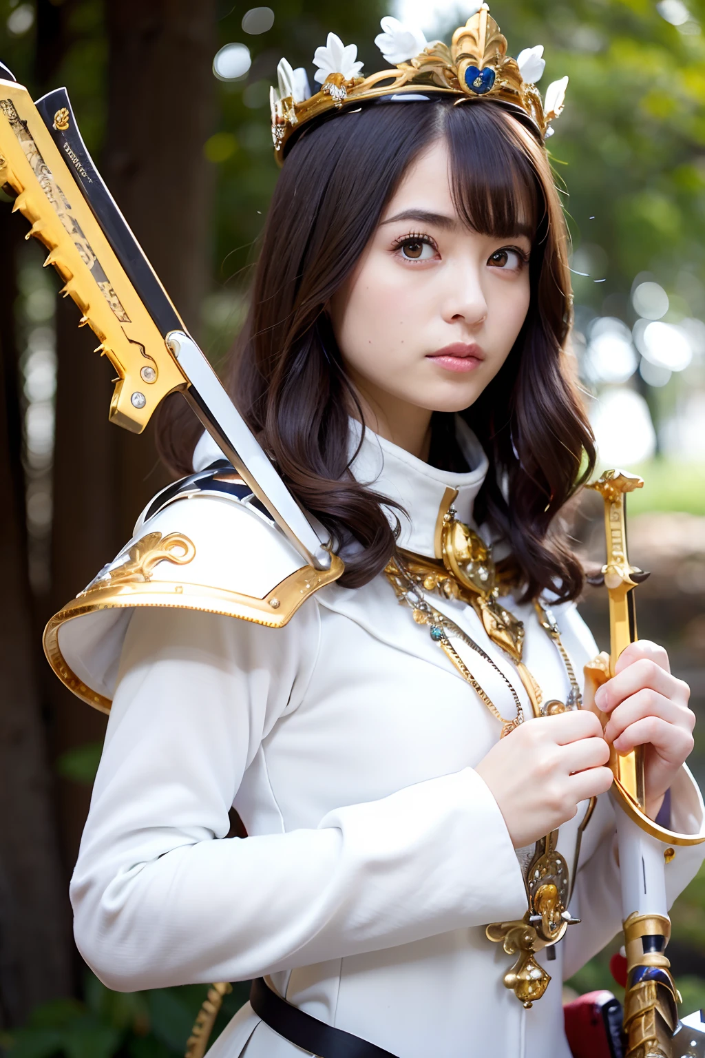 (masutepiece), Professional , masterpiece、top-quality、photos realistic , depth of fields (Gemstone Silver Metal Body:1.9),(Matte White、 Gold Weapon_(Metal:1.4),Gorgeous metal weapons , Detailed Sword of the Brave , Beautiful knife ,warhammer 40k , adepta sororitas,Detail and ornate jewel crown、Brown hair、Gangle's forest background、Beautiful Caucasian beauty、1a person、dynamic ungle,(((Detailed and ornate diamond crown)))、Particles of light、